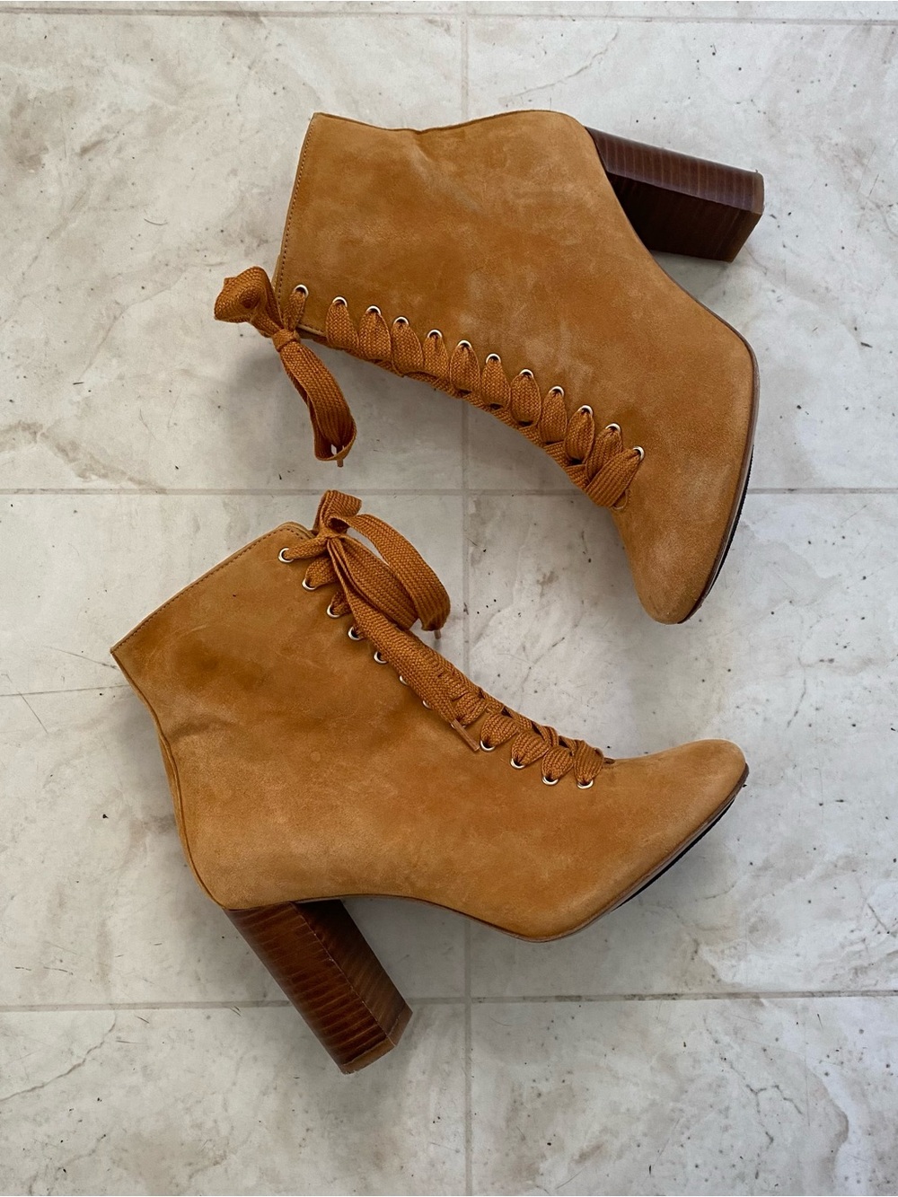 $250 Sezane Alicia Brown Suede Lace-Up Block Heel Ankle Boots Size 37/7